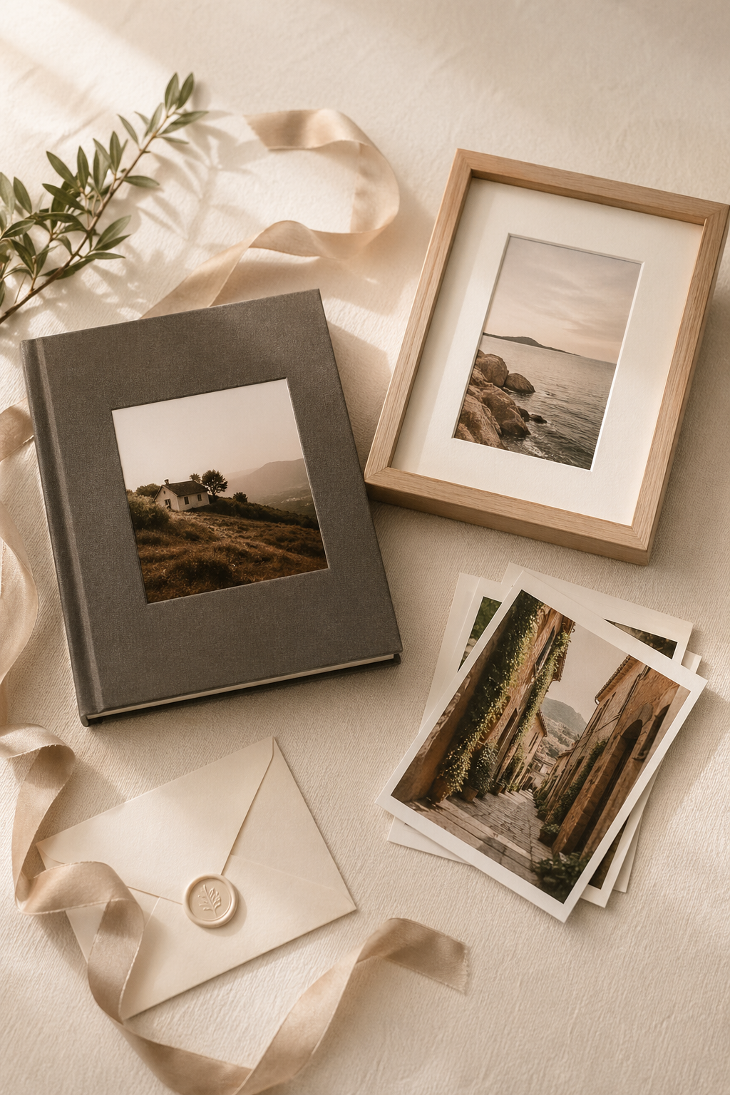 A curated gift set with a photo book, framed print, and loose prints on ivory